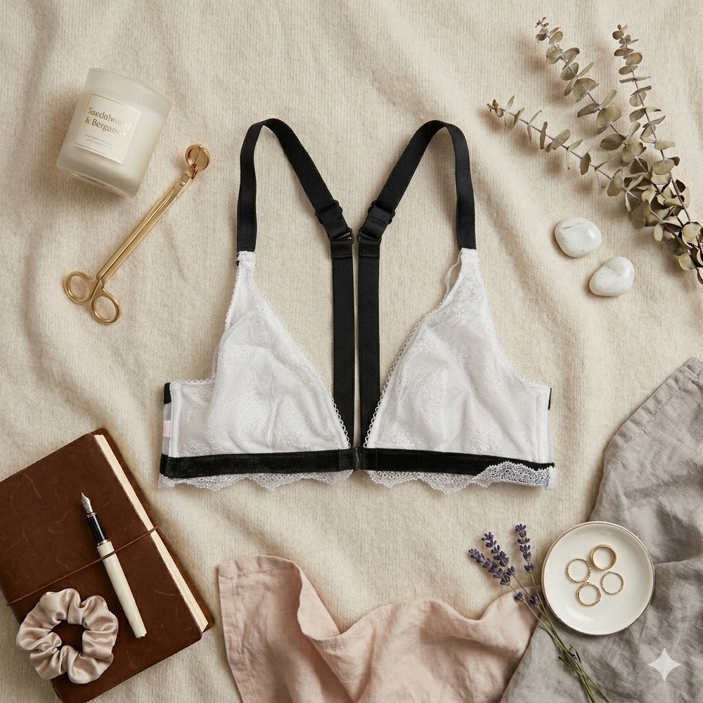 Victoria's Secret Lace Bralette‎ White Black Trim Strappy Back Size M